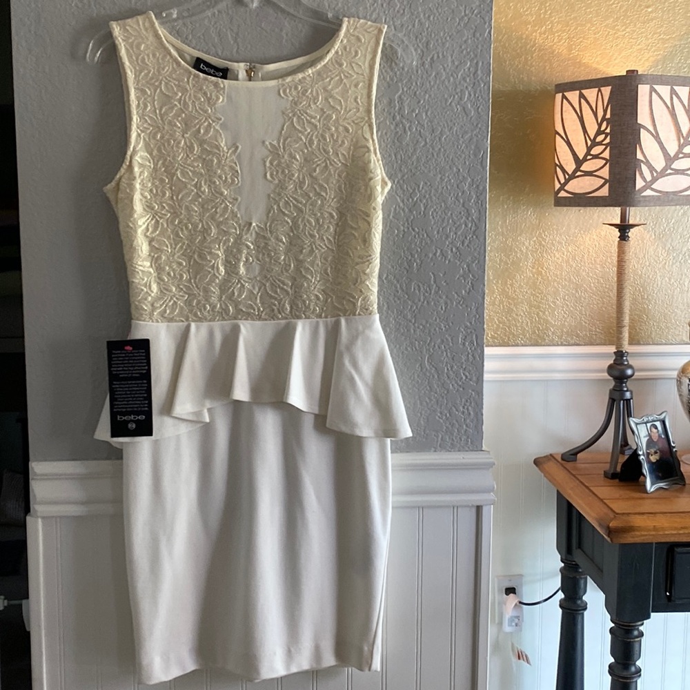 bebe Ivory Lace Peplum Mini Dress